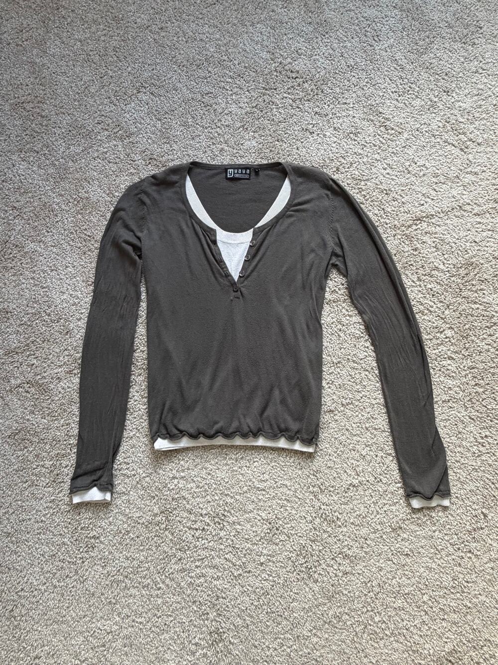 100% Cotton Layered Henley Sweater Top Gray White Scandinavian Minimalist Y2K